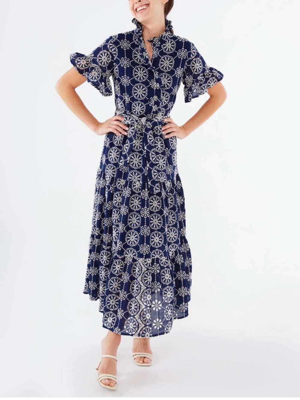 Abbey Glass Women Size L Sadie Dress Navy White Eyelet Cotton Missing Belt READ